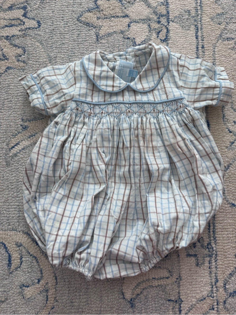 Little English smocked Plaid Baby Bubble Romper - Light Blue & Brown. Size 18 m